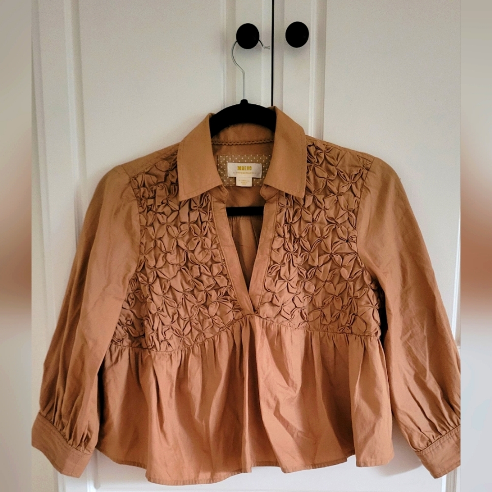 Maeve Tan Blouse with Puff Sleeves and Smocked Peplum